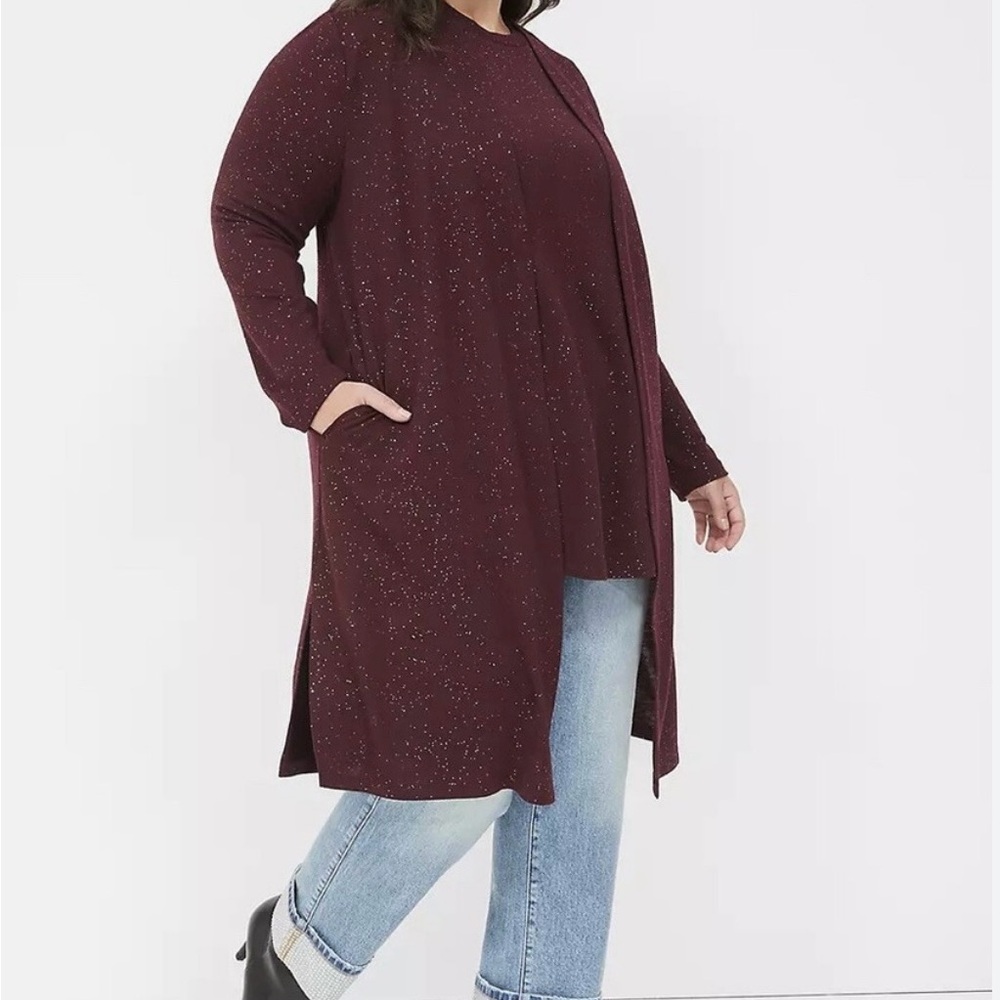 NWT Lane Bryant Burgundy Classic Fit Glitter Duster with Pockets, Size 14/16